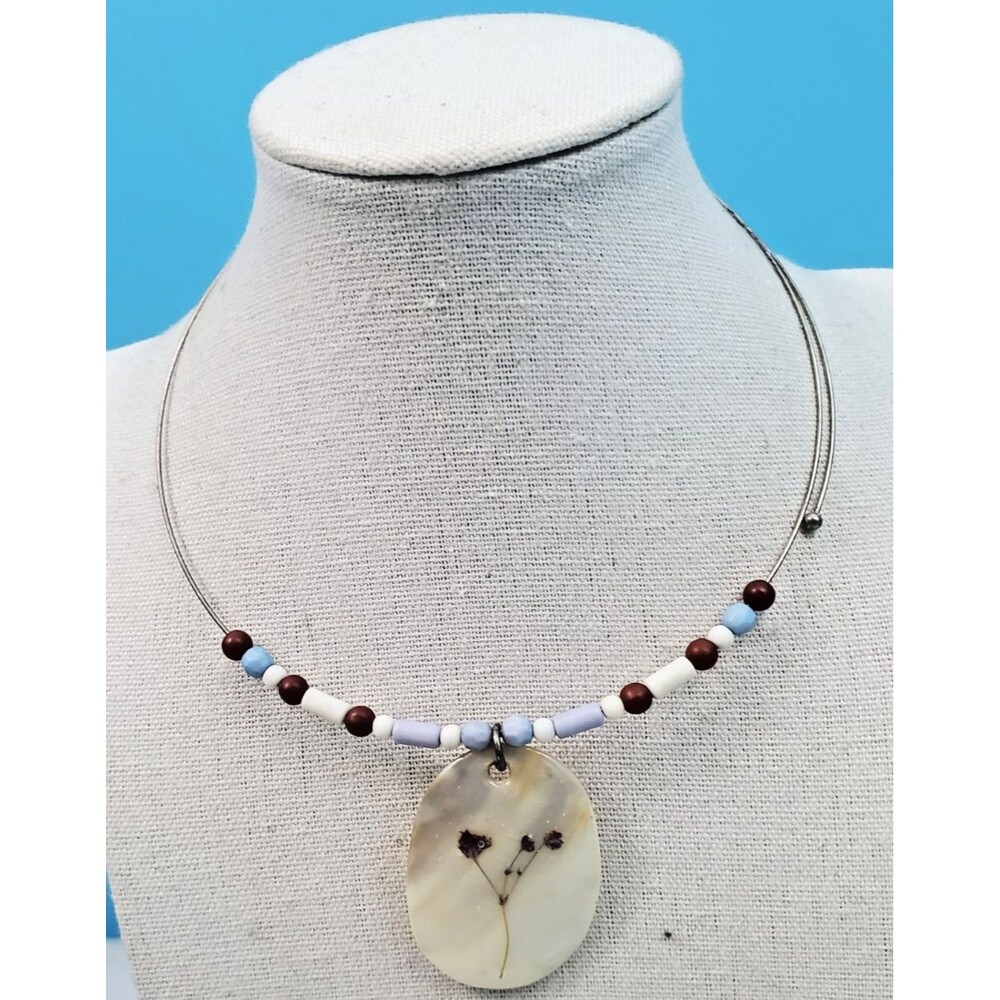 Pressed Dried Flower Resin Disk Pendant Wire Choker Necklace Beaded Pastel NWOT